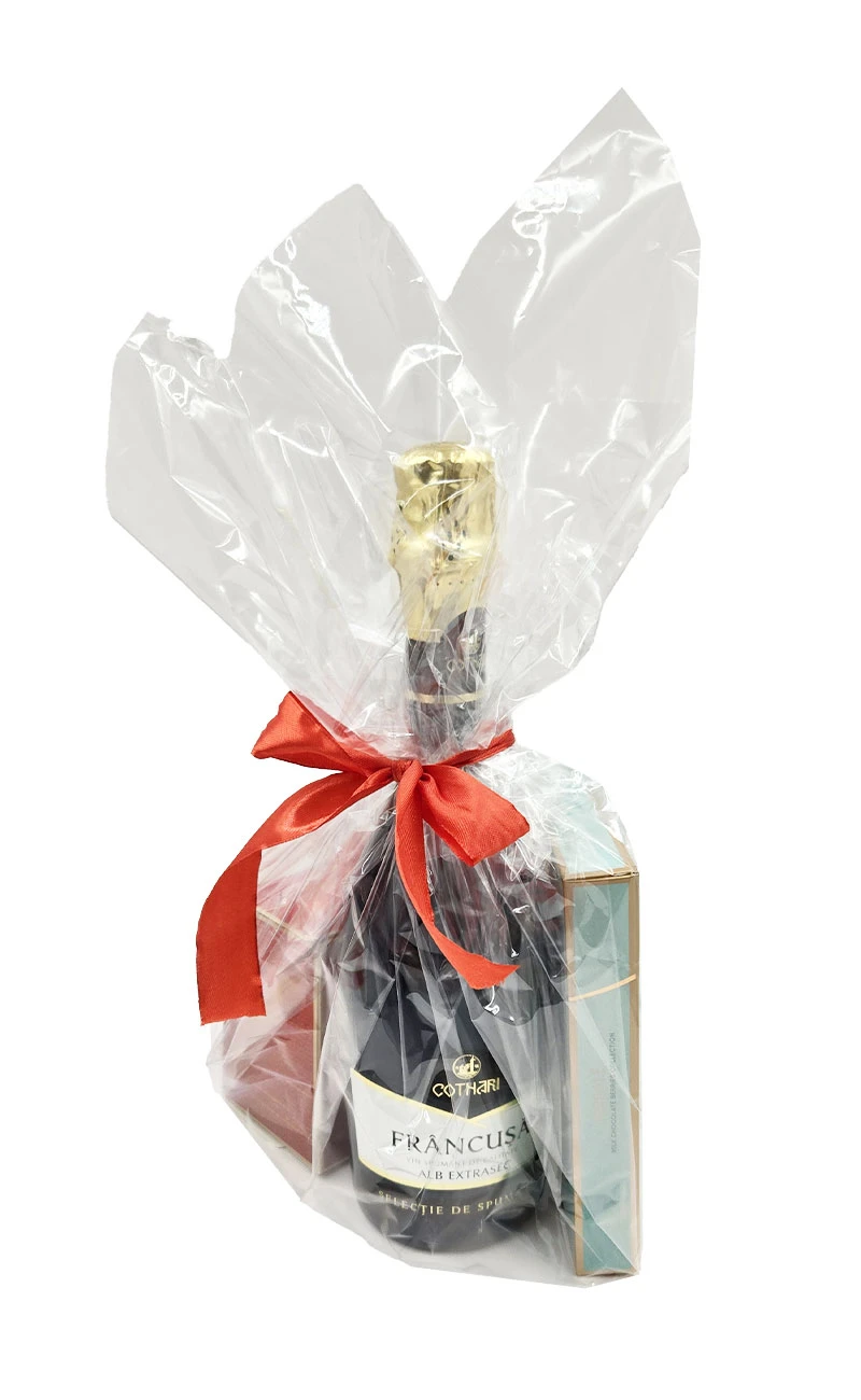 Pachet cadou cu vin spumant Francusa, Pergale bomboane, tableta ciocolata